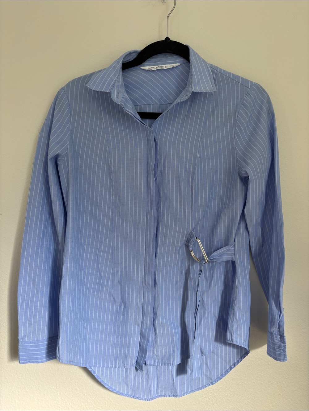 Zara Light Blue Pinstripe long sleeve Shirt buttons down with Side Buckle Small